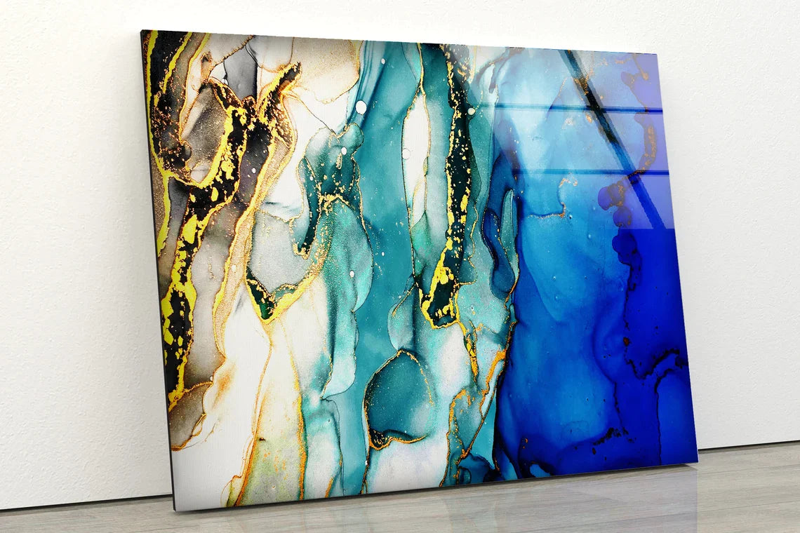 Blue Gold & White Fluid UV Direct Aluminum Print Australian Made Quality