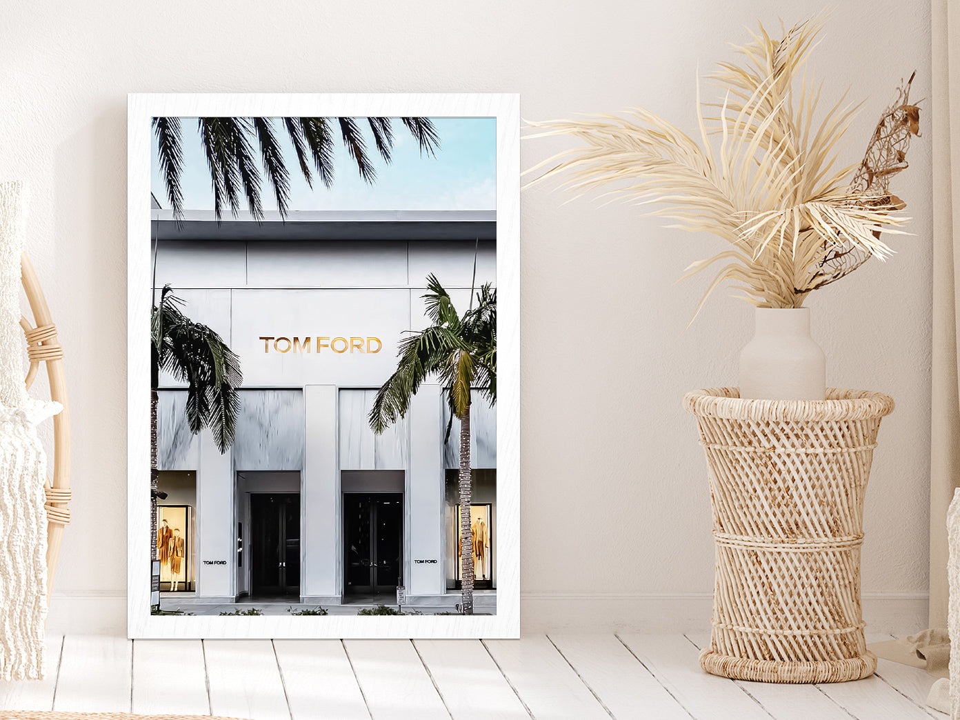 Palm Trees near Fashion Store Photograph Glass Framed Wall Art, Ready to Hang Quality Print Without White Border White