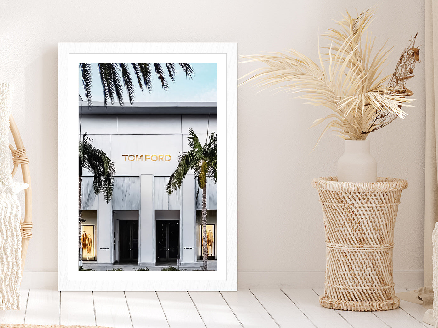 Palm Trees near Fashion Store Photograph Glass Framed Wall Art, Ready to Hang Quality Print With White Border White