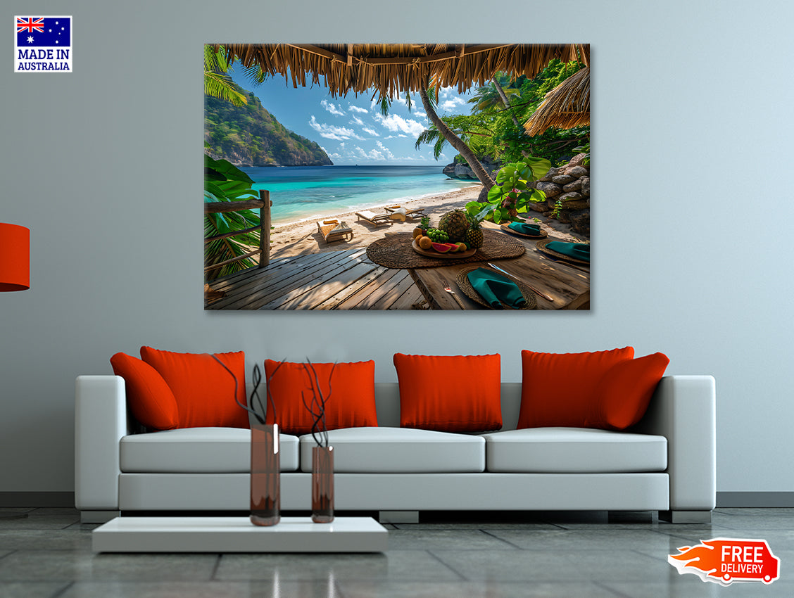 Table with Fruit and a Straw Umbrella on a Beach Print 100% Australian Made - Bella Home Decor