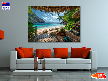 Table with Fruit and a Straw Umbrella on a Beach Print 100% Australian Made - Bella Home Decor