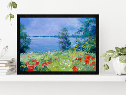 Red Poppies, White Marguerites & Sunflowers On A Summer Meadow Glass Framed Wall Art, Ready to Hang Quality Print Without White Border Black