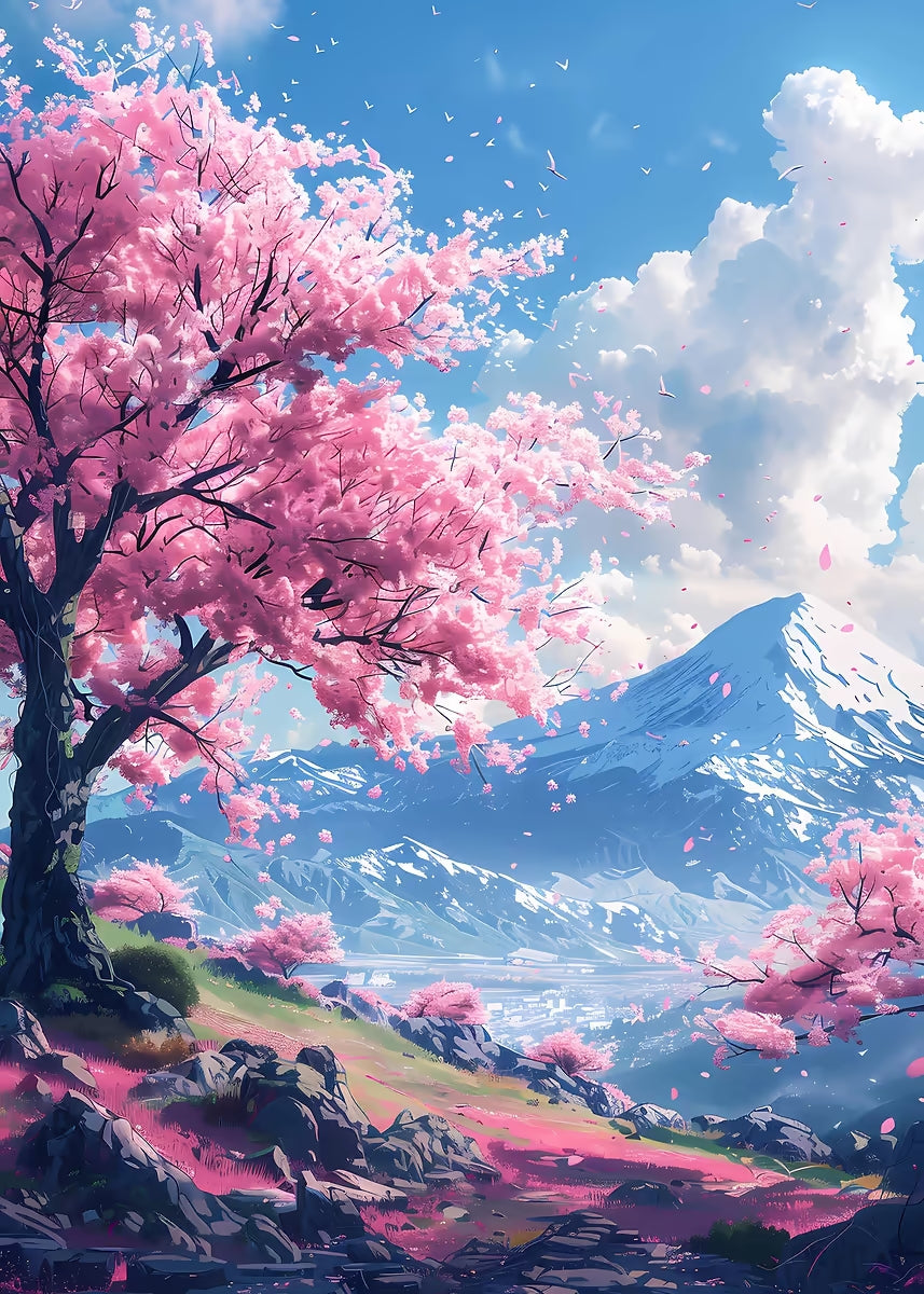 Mount Fuji Sakura Spring Valley 40x60cm Metal Print Ready to Hang