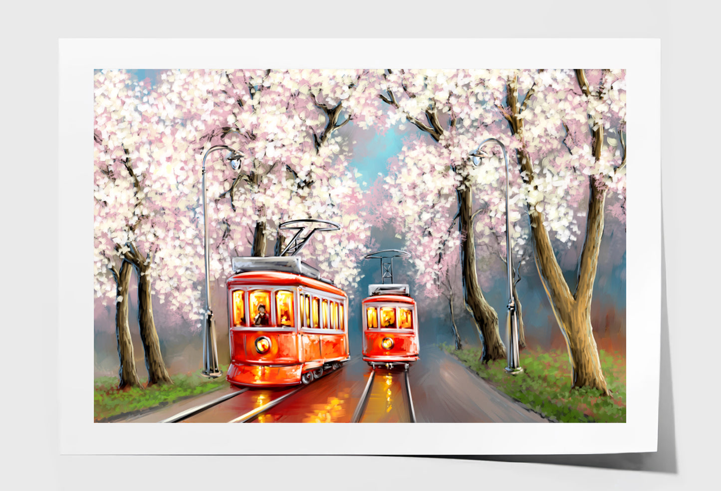 Tram Spring Oil Painting Wall Art Limited Edition High Quality Print Unframed Roll Canvas None