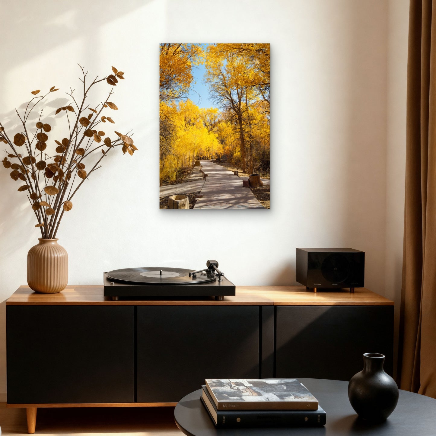 Golden Autumn Forest Path China 60x90cm Metal Print Ready to Hang