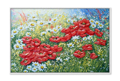 Red & White Flowers with Leaves Oil Painting Wall Art Limited Edition High Quality Print Canvas Box Framed White