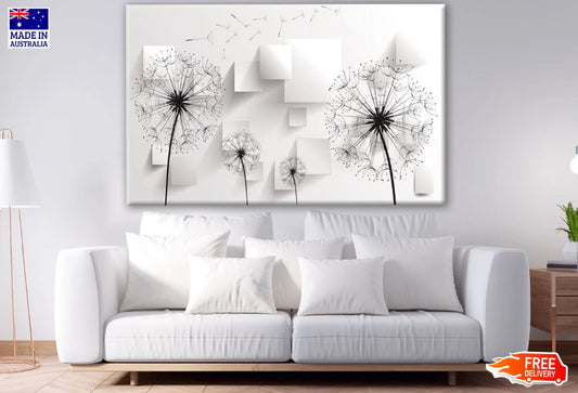 B&W Dandelion Flowers with 3 D Squares 90x60cm Print 100% Australian Made