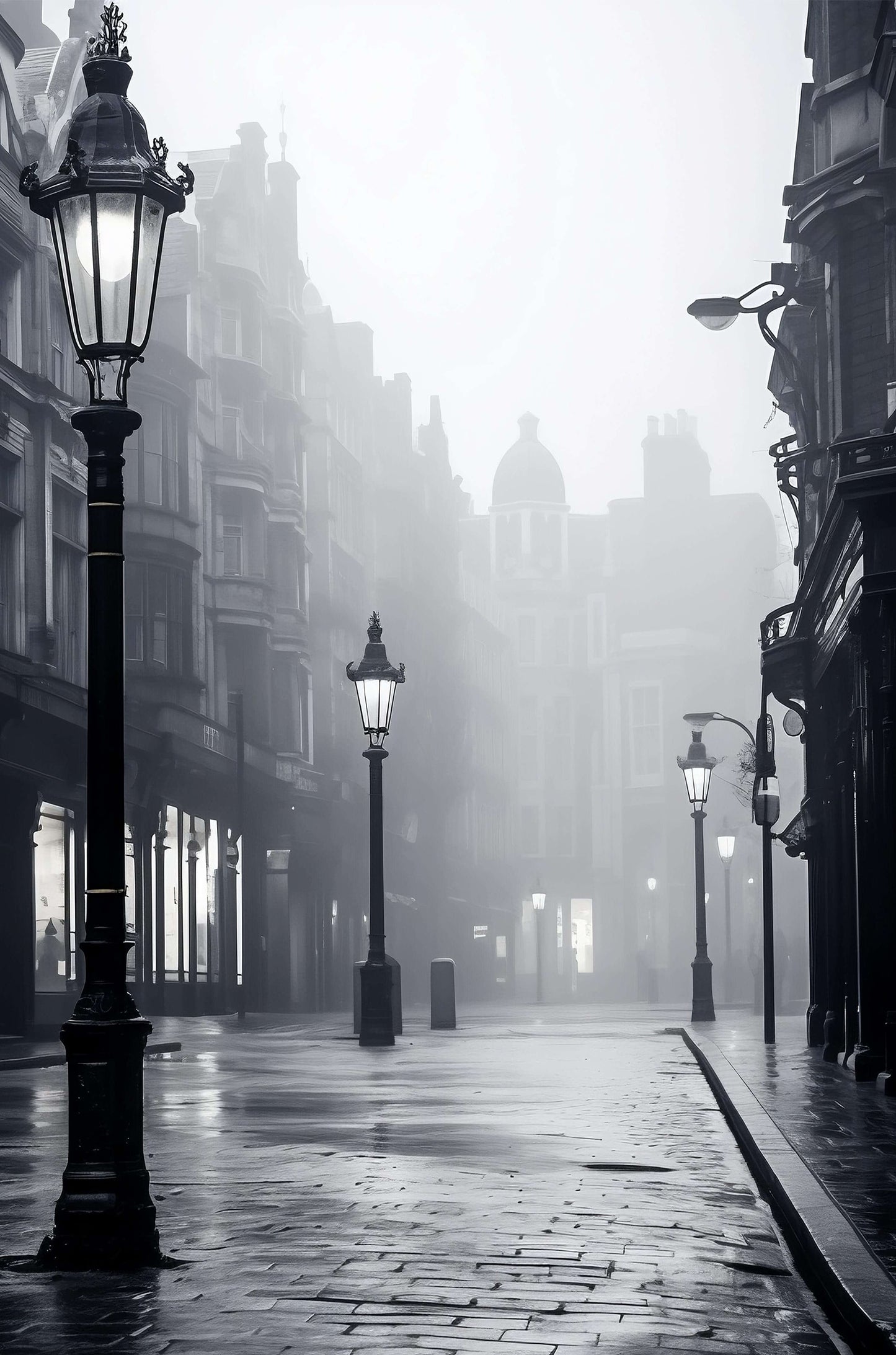 Vintage Black White Foggy London Street 40x60cm Metal Print Ready to Hang