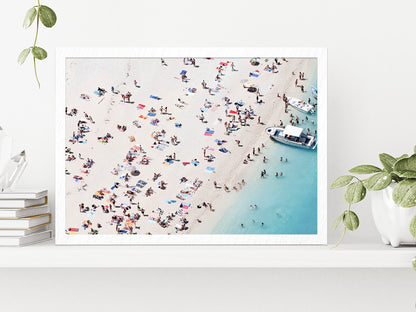 People on Sand Beach Aerial View Photograph Glass Framed Wall Art, Ready to Hang Quality Print Without White Border White