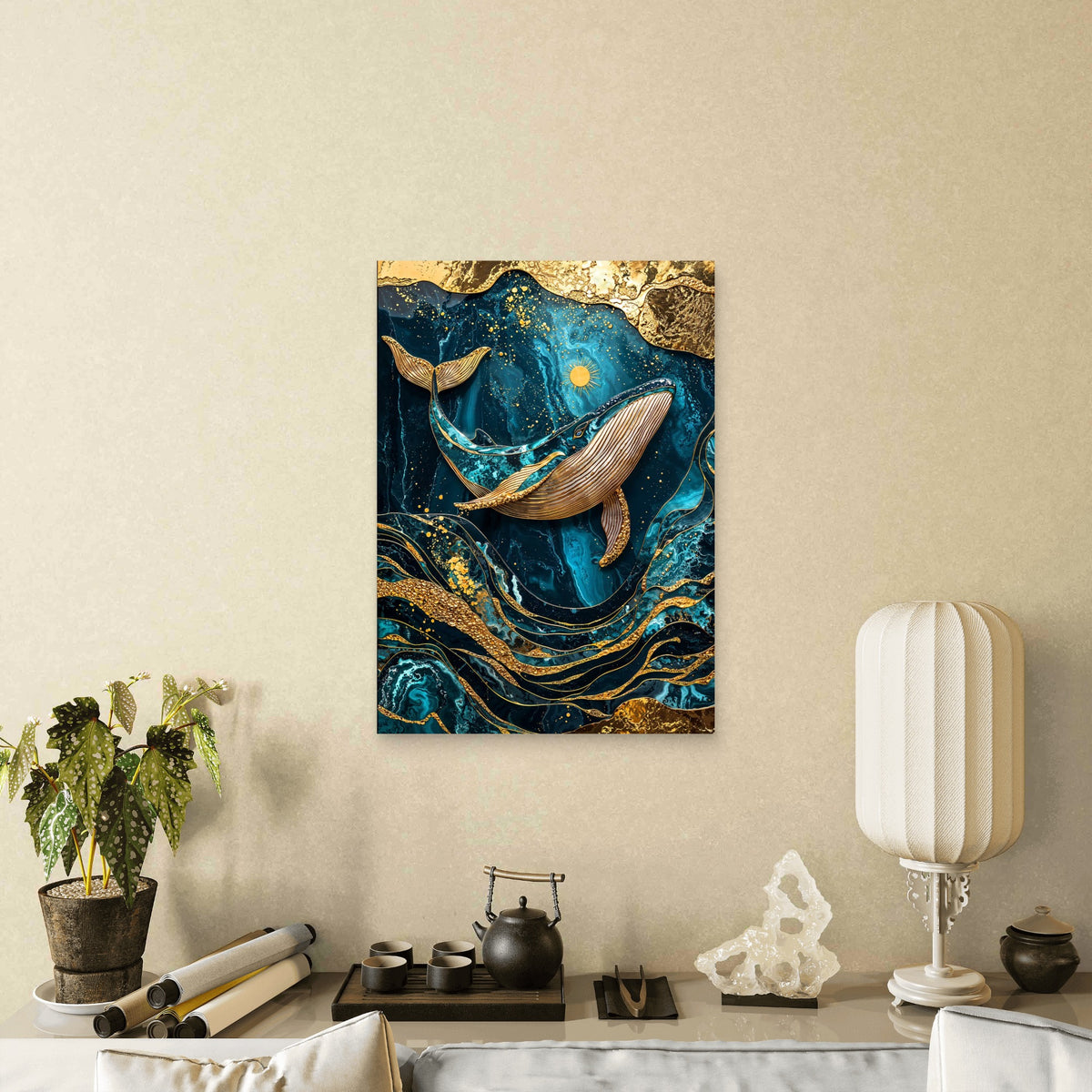 Gold Foil Teal Whale Ocean 60x90cm Metal Print Ready to Hang