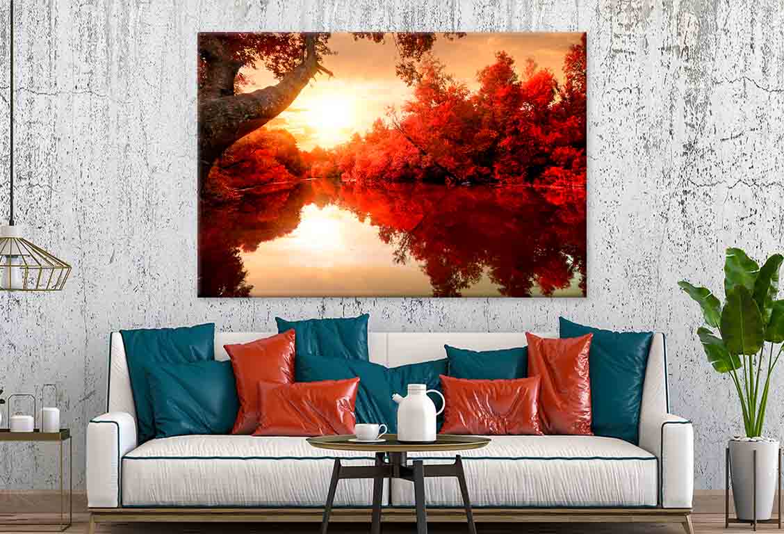 Red Leaves on Trees, Autumn River  Wall Art Decor 100% Australian Made - Bella Home Decor