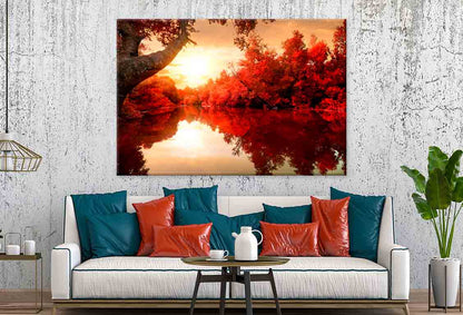 Red Leaves on Trees, Autumn River  Wall Art Decor 100% Australian Made - Bella Home Decor