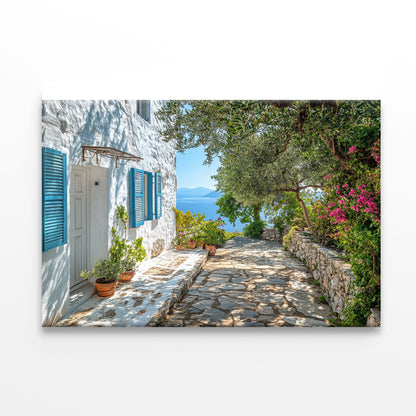 A White House with Blue Shutters and a Blue Door Print 100% Australian Made - Bella Home Decor