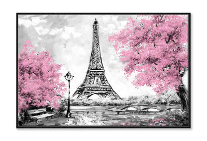 Eiffel Tower & Blossom Pink Trees Watercolor Painting Wall Art Limited Edition High Quality Print Canvas Box Framed Black