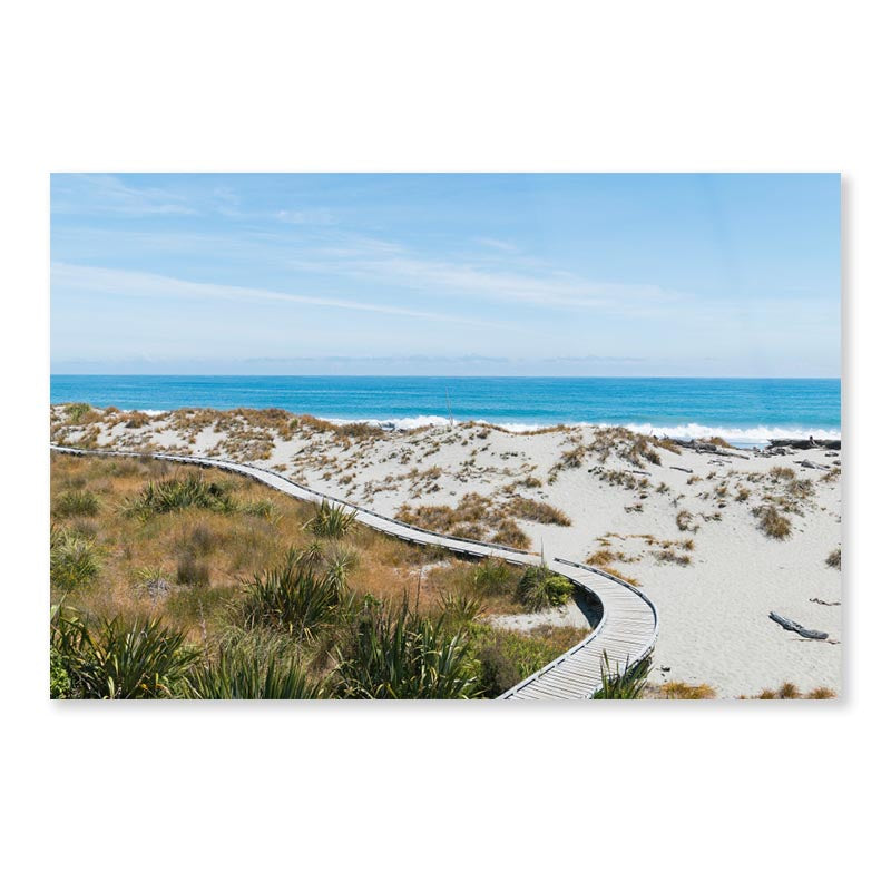 Sand Beach with Wooden Walking Path and Coast Skyline Background Acrylic Glass Print Tempered Glass Wall Art 100% Made in Australia Ready to Hang - Bella Home Decor