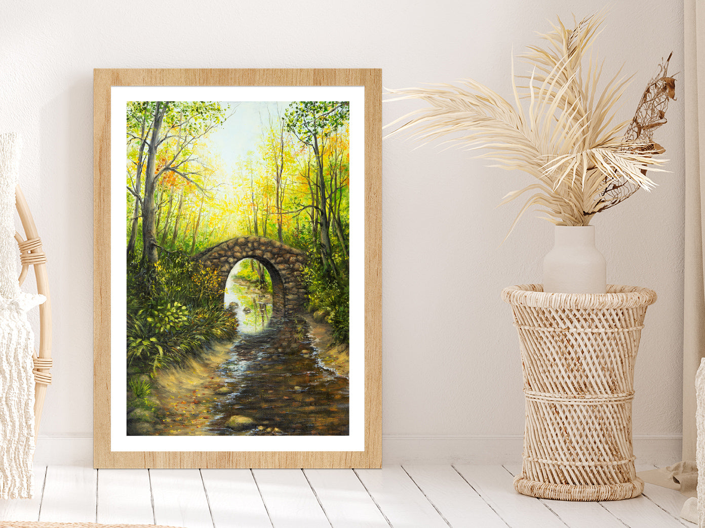 Forest Lake with Bridge Spring Glass Framed Wall Art, Ready to Hang Quality Print With White Border Oak