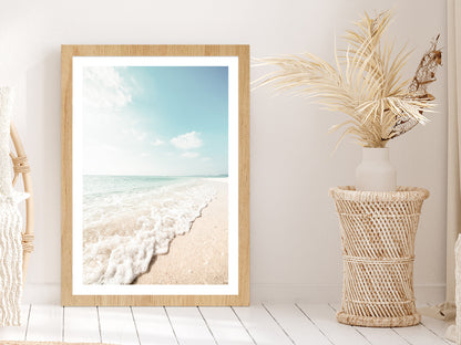 Seawaves on Sandy Beach Faded Photograph Glass Framed Wall Art, Ready to Hang Quality Print With White Border Oak