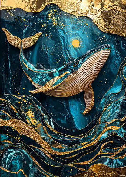 Gold Foil Teal Whale Ocean 60x90cm Metal Print Ready to Hang