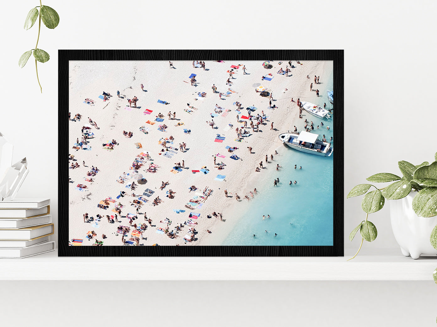 People on Sand Beach Aerial View Photograph Glass Framed Wall Art, Ready to Hang Quality Print Without White Border Black