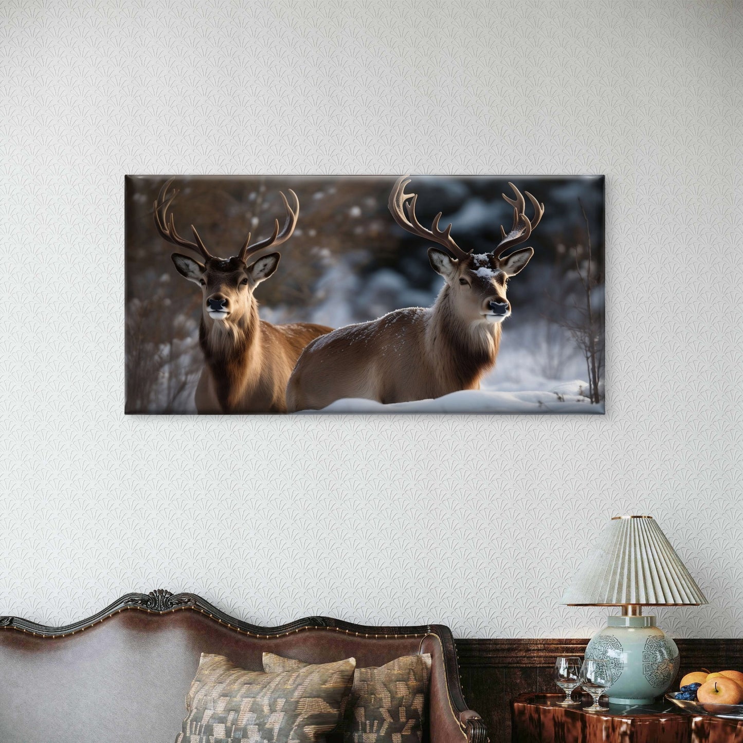 Two Buck Deer Antlers Winter Snow Wildlife Wall Art Canvas Office Home Room Framed 120x60cm