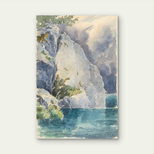 Vintage Blue Lake Mountain Cliff 40x60cm Metal Print Ready to Hang