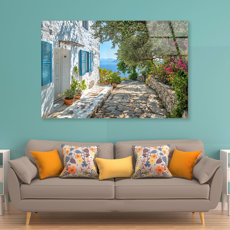 A White House with Blue Shutters and a Blue Door Acrylic Glass Print Tempered Glass Wall Art 100% Made in Australia Ready to Hang - Bella Home Decor