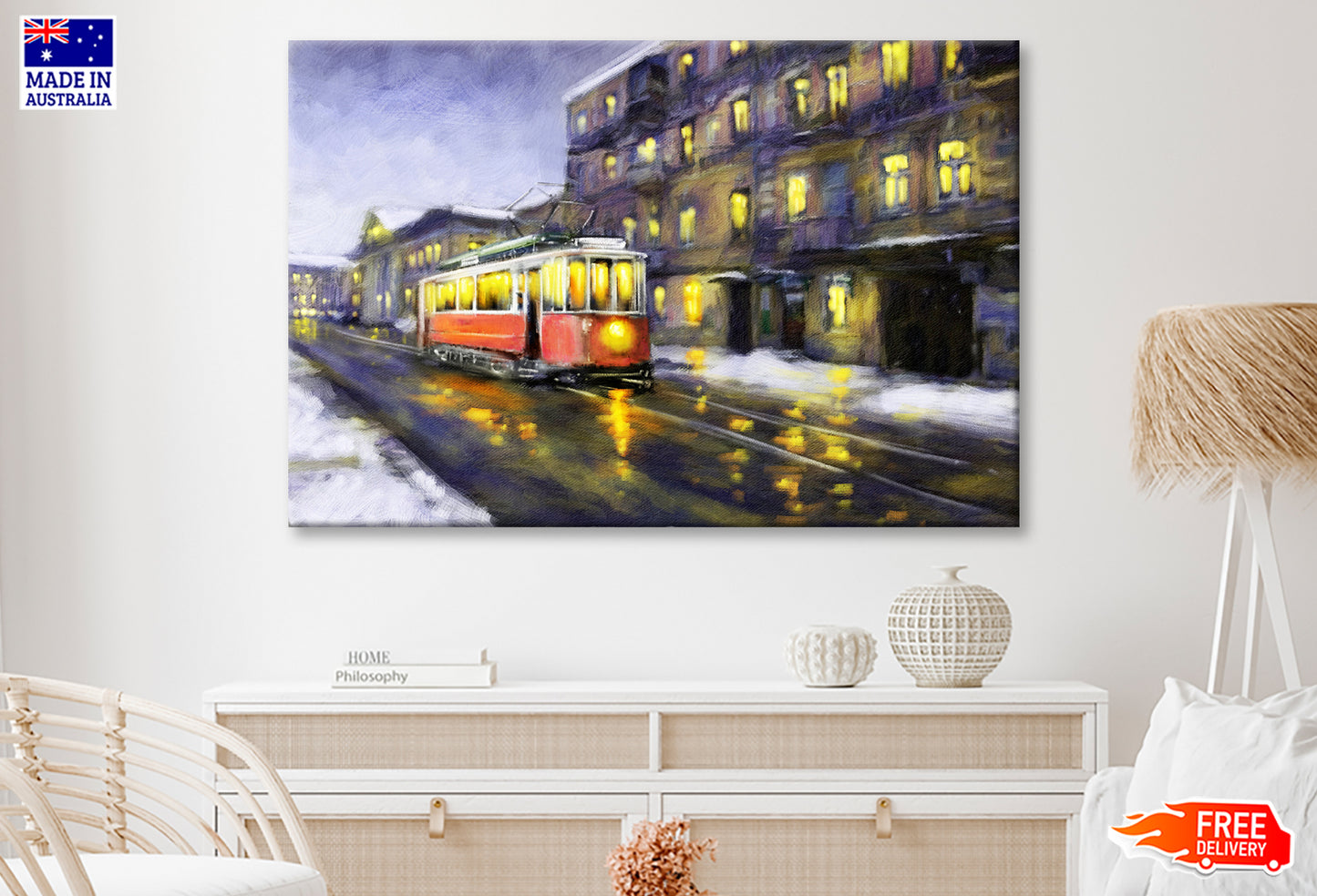 Tram in Old City Night Oil Painting Wall Art Limited Edition High Quality Print