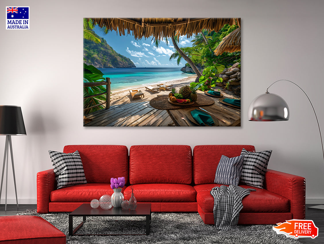 Table with Fruit and a Straw Umbrella on a Beach Print 100% Australian Made - Bella Home Decor