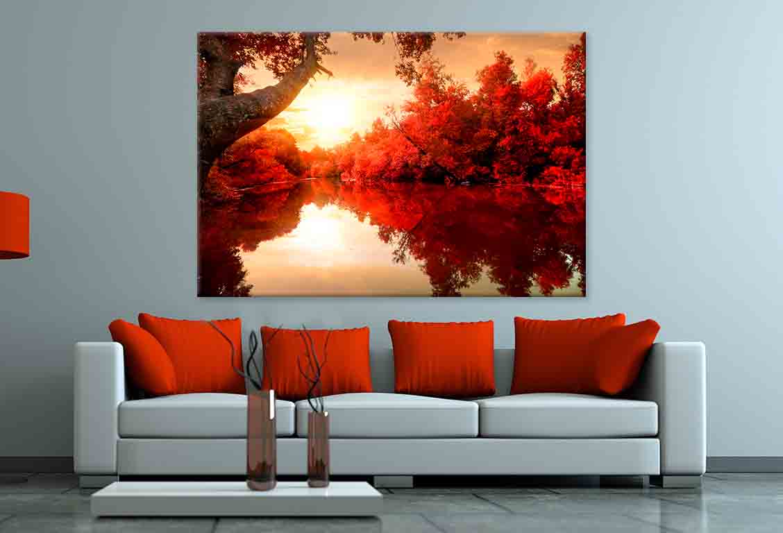 Red Leaves on Trees, Autumn River  Wall Art Decor 100% Australian Made - Bella Home Decor