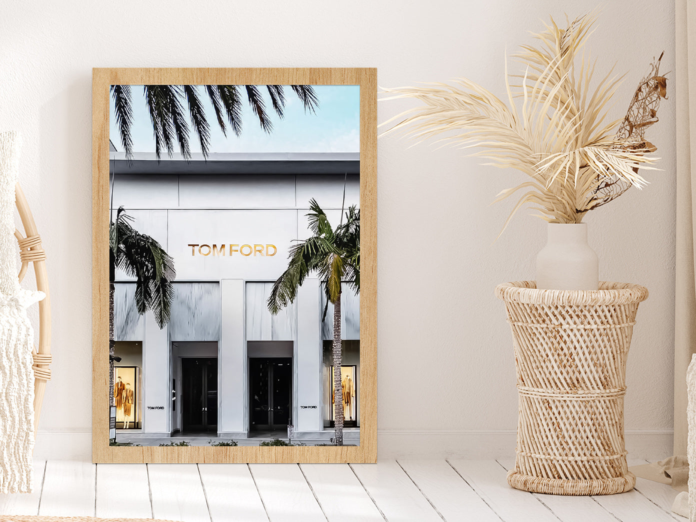 Palm Trees near Fashion Store Photograph Glass Framed Wall Art, Ready to Hang Quality Print Without White Border Oak