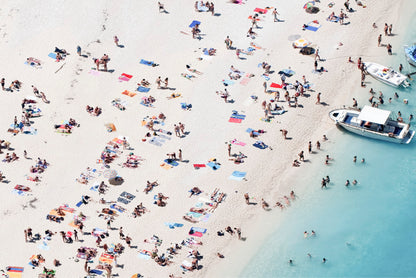 People on Sand Beach Aerial View Photograph Glass Framed Wall Art, Ready to Hang Quality Print