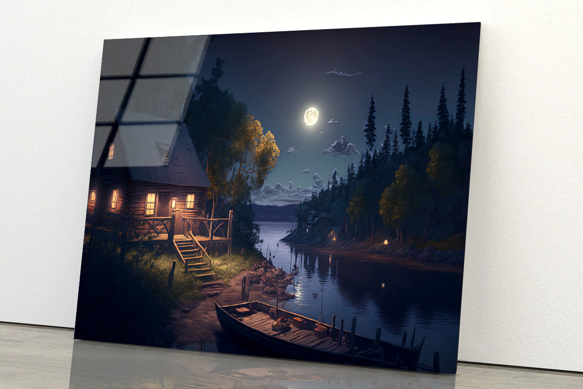 House, Trees, Lake at Night Acrylic Glass Print Tempered Glass Wall Art 100% Made in Australia Ready to Hang - Bella Home Decor