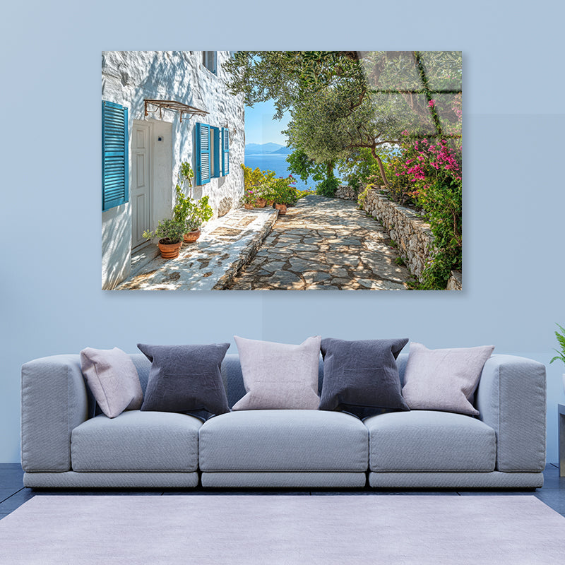 A White House with Blue Shutters and a Blue Door Acrylic Glass Print Tempered Glass Wall Art 100% Made in Australia Ready to Hang - Bella Home Decor