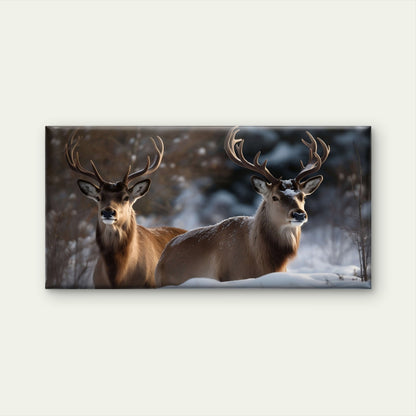 Two Buck Deer Antlers Winter Snow Wildlife Wall Art Canvas Office Home Room Framed 120x60cm