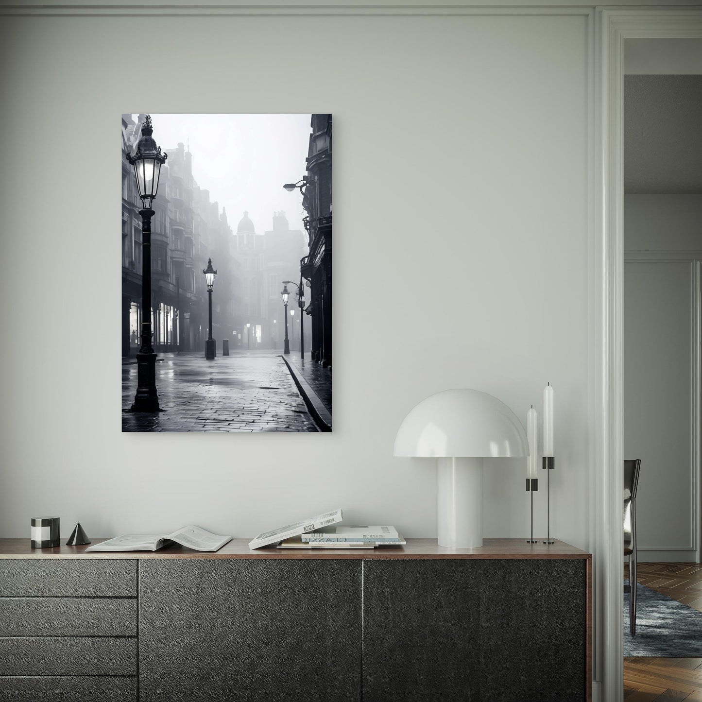 Vintage Black White Foggy London Street 40x60cm Metal Print Ready to Hang