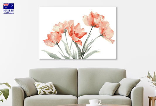 Watercolor Pastel Coral Tulips Spring Flowers Bunch Wall Art Decor 100% Australian Made - Bella Home Decor