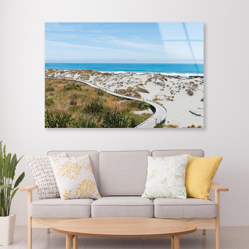 Sand Beach with Wooden Walking Path and Coast Skyline Background Acrylic Glass Print Tempered Glass Wall Art 100% Made in Australia Ready to Hang - Bella Home Decor