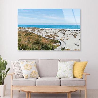 Sand Beach with Wooden Walking Path and Coast Skyline Background Acrylic Glass Print Tempered Glass Wall Art 100% Made in Australia Ready to Hang - Bella Home Decor