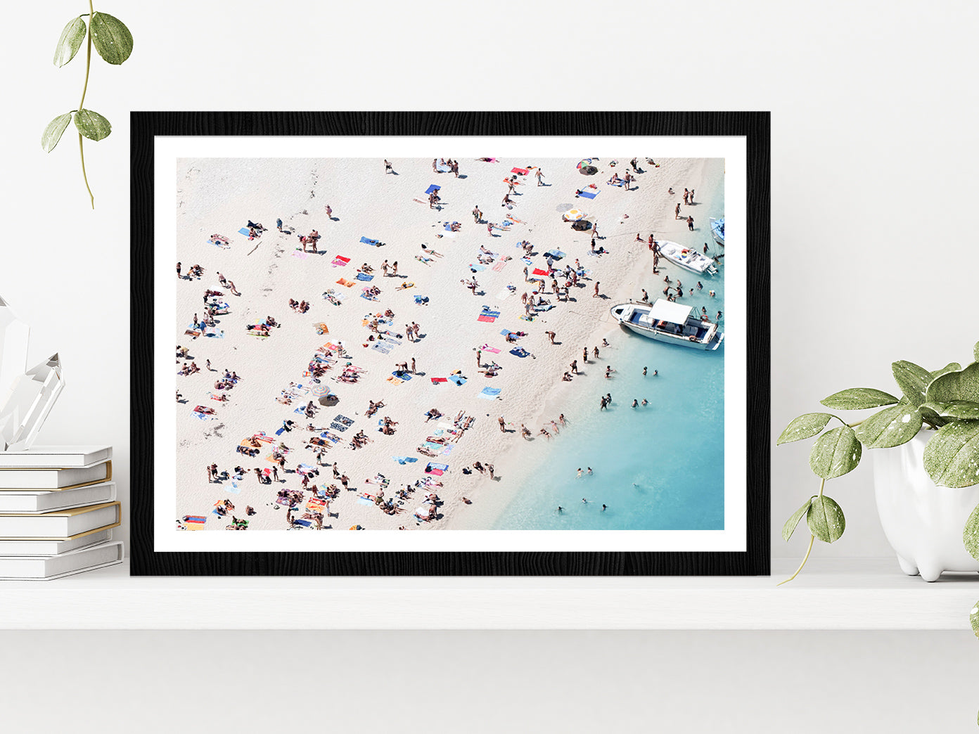 People on Sand Beach Aerial View Photograph Glass Framed Wall Art, Ready to Hang Quality Print With White Border Black