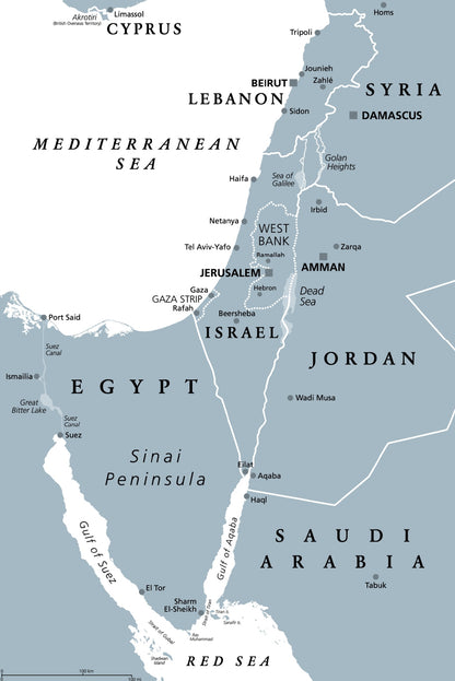 Israel & The Sinai Peninsula, Gray Map Home Decor Premium Quality Poster Print Choose Your Sizes