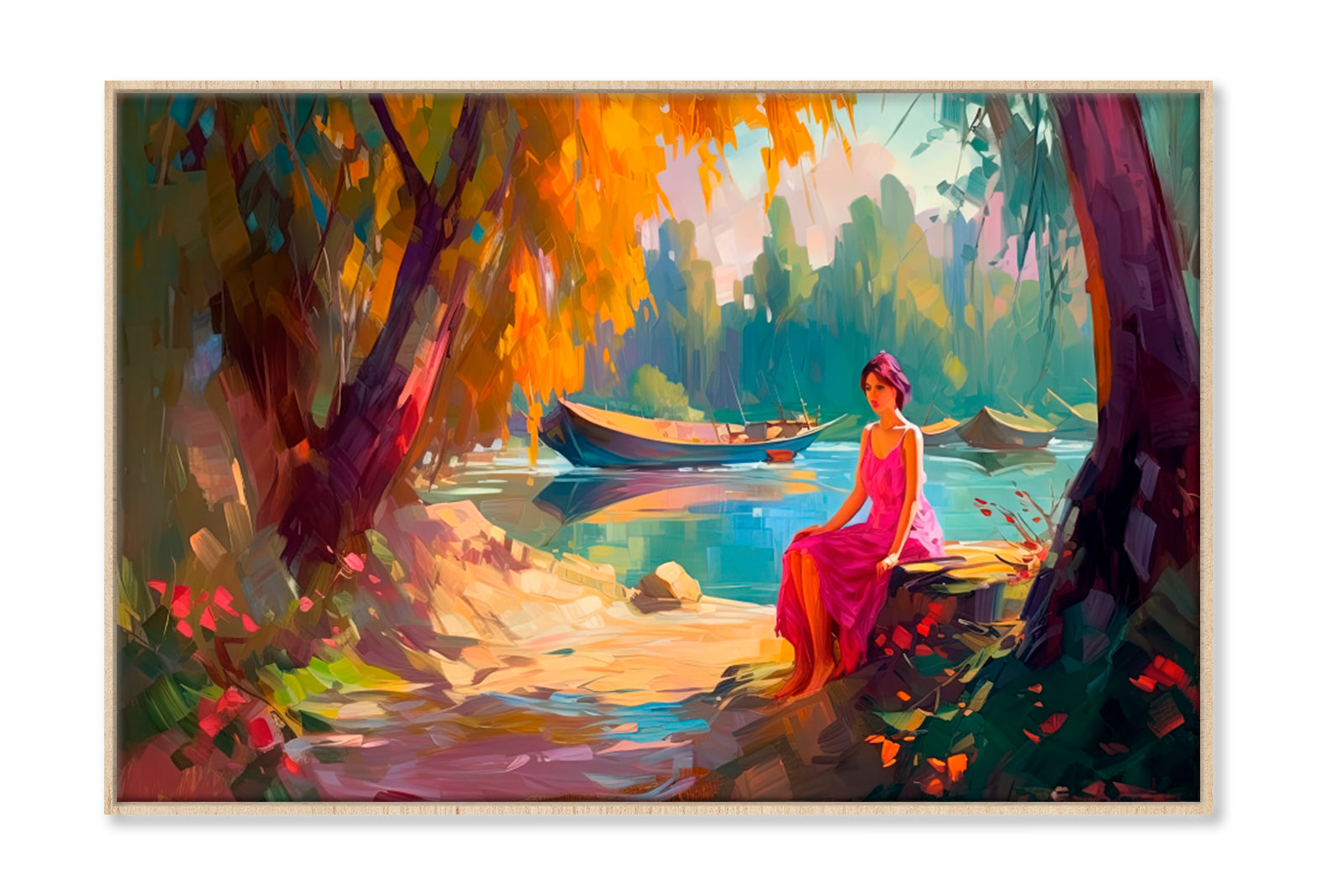 Woman Sitting On River Shore Oil Painting Wall Art Limited Edition High Quality Print Canvas Box Framed Natural