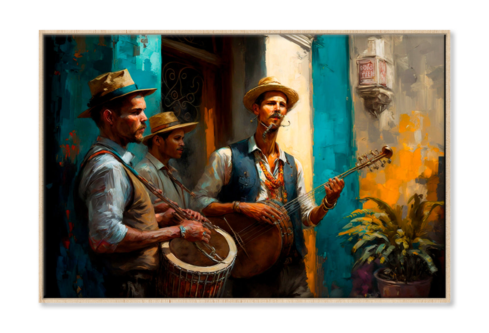 Jazz Band Havana Street Oil Painting Wall Art Limited Edition High Quality Print Canvas Box Framed Natural