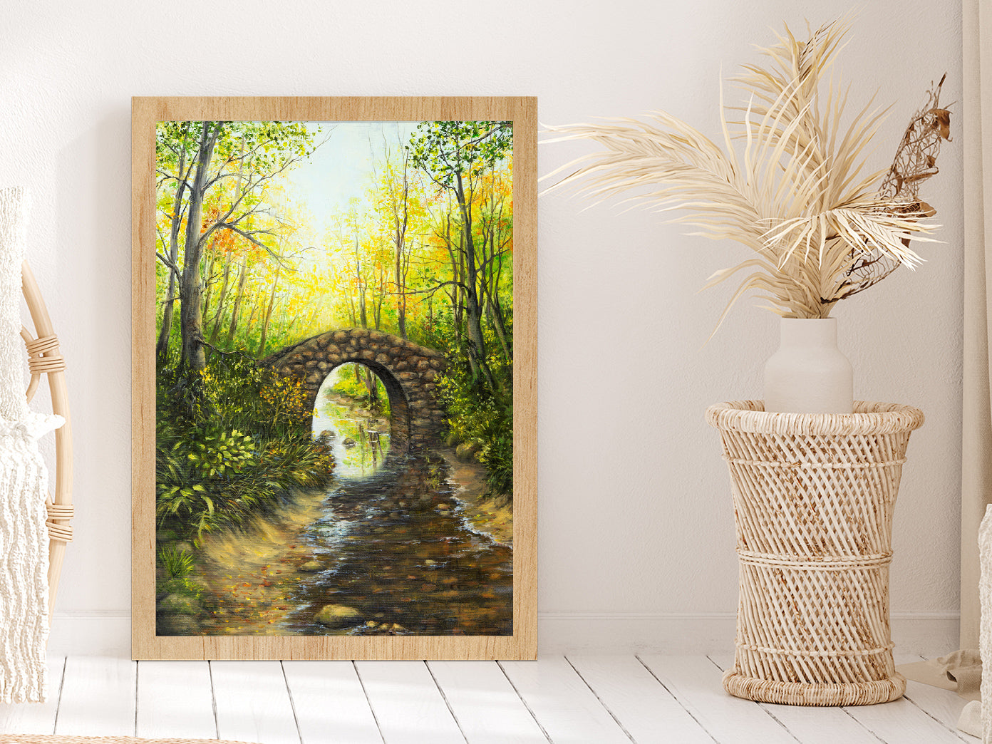 Forest Lake with Bridge Spring Glass Framed Wall Art, Ready to Hang Quality Print Without White Border Oak