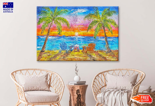 Chair Lounges on the Beach Shore Tropical Nature with Palm Trees Wall Art Limited Edition High Quality Print