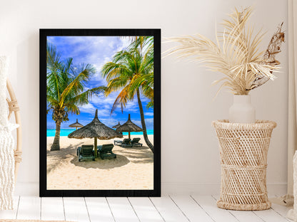 Tropical Palms & Beach Hut at Mauritius Photograph Glass Framed Wall Art, Ready to Hang Quality Print Without White Border Black