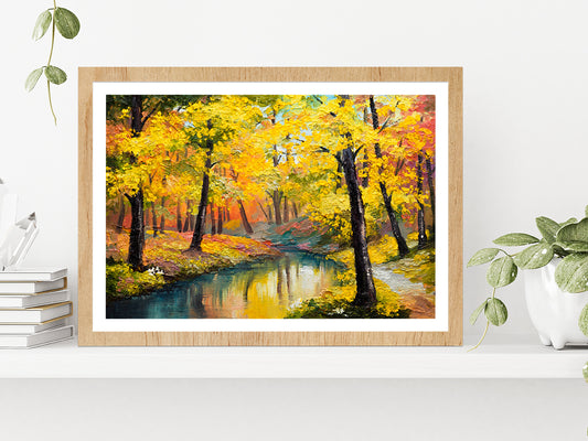 Autumn Trees With Lake In Forest Oil Painting Glass Framed Wall Art, Ready to Hang Quality Print With White Border Oak