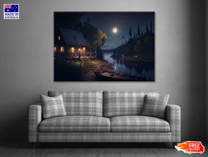 House, Trees, Lake at Night Print 100% Australian Made - Bella Home Decor