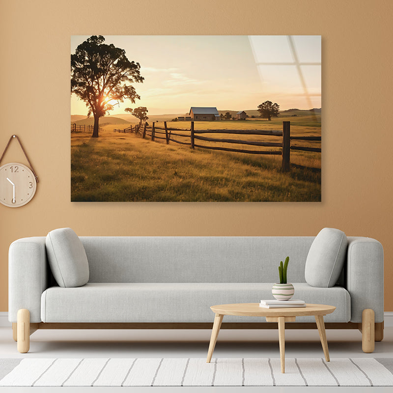 A Serene Farm Scene at Sunset Acrylic Glass Print Tempered Glass Wall Art 100% Made in Australia Ready to Hang