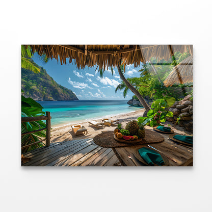 Table with Fruit and a Straw Umbrella on a Beach Acrylic Glass Print Tempered Glass Wall Art 100% Made in Australia Ready to Hang - Bella Home Decor