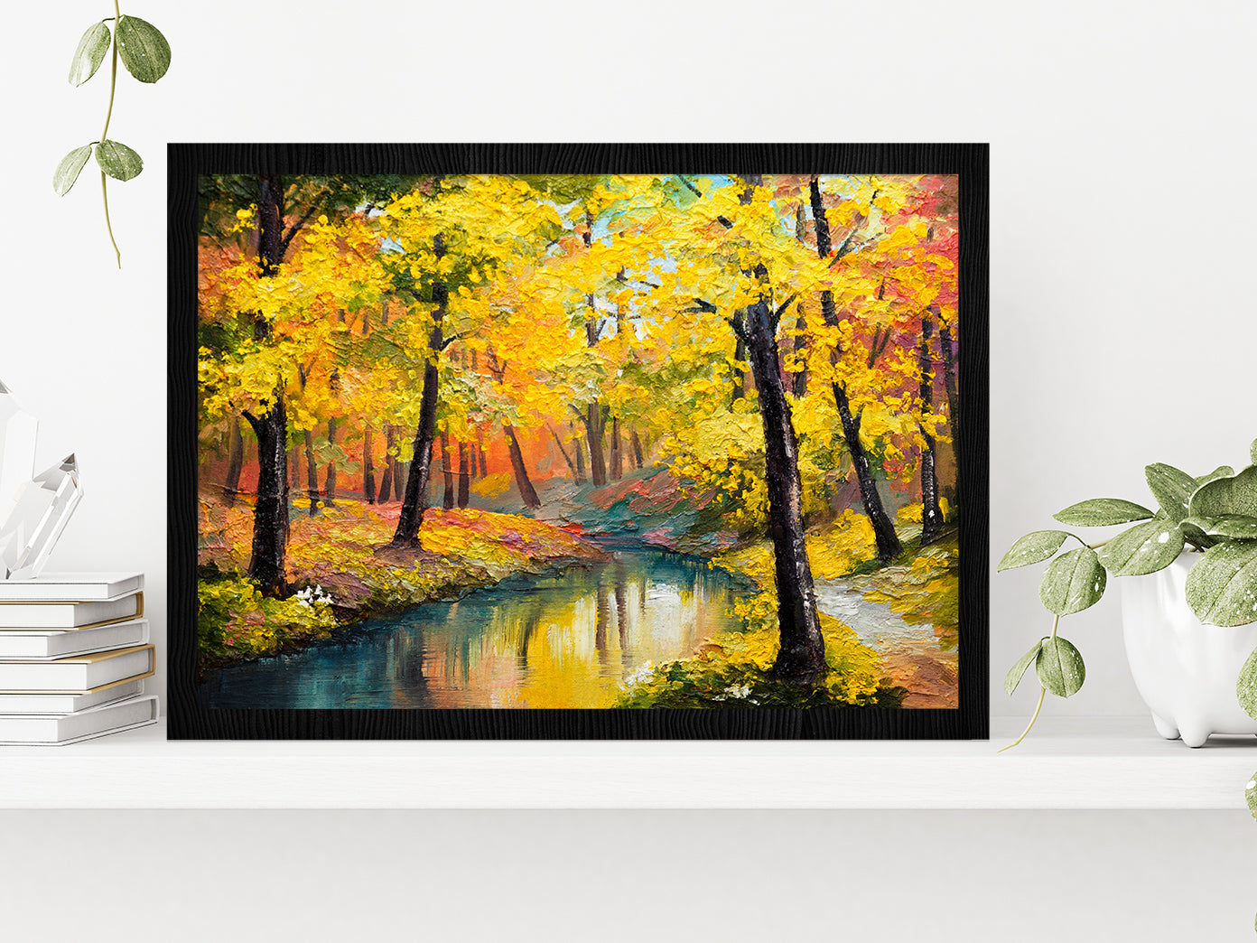 Autumn Trees With Lake In Forest Oil Painting Glass Framed Wall Art, Ready to Hang Quality Print Without White Border Black